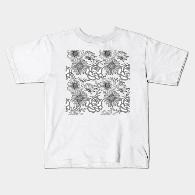 Flowers Line Art - Bright Pink Kids T-Shirt by monitdesign